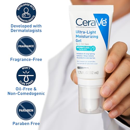 CeraVe Ultra-Light Moisturizing Gel, Hydrating Gel Face Moisturizer with Ceramides, Niacinamide, Hyaluronic Acid, Fragrance Free, Oil-Free, Weightless Mattifying Moisturizer, 1.75 FL Oz